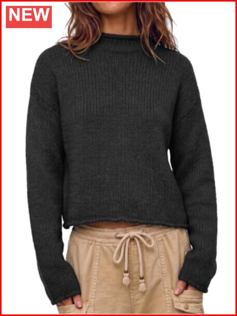Women's Striped Chunky Knit Rolled Mock Neck Cropped Pullover Sweater